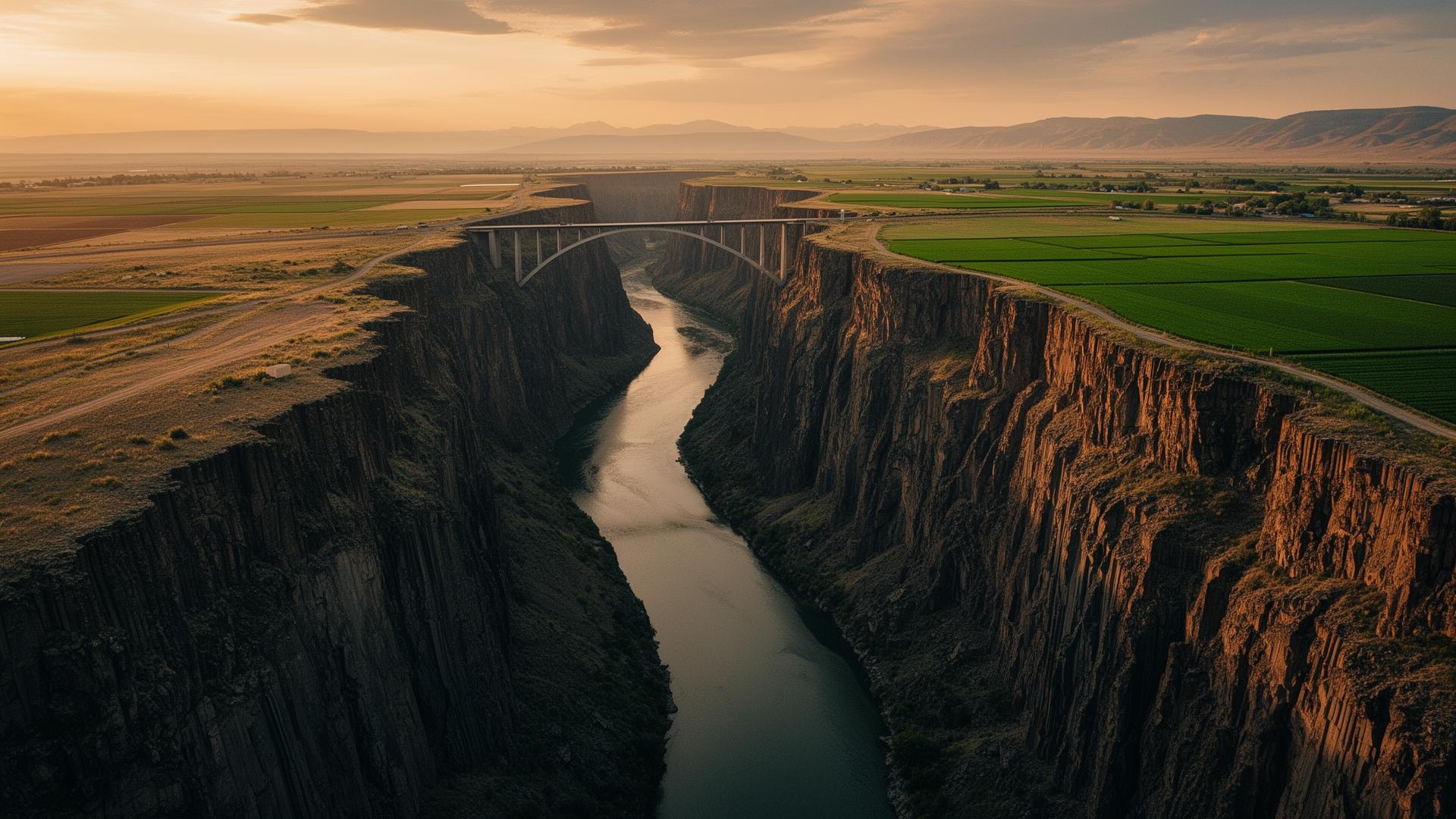 Aerial view of the Snake River Canyon and Perrine Bridge at golden hour